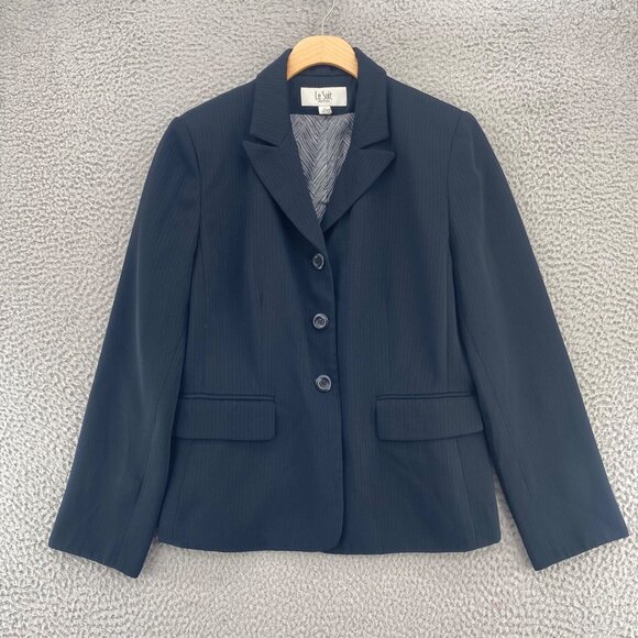 Le Suit Blazer Womens 8 Petite Black Herringbone Peak Lapel Button Pockets Work - Picture 1 of 9